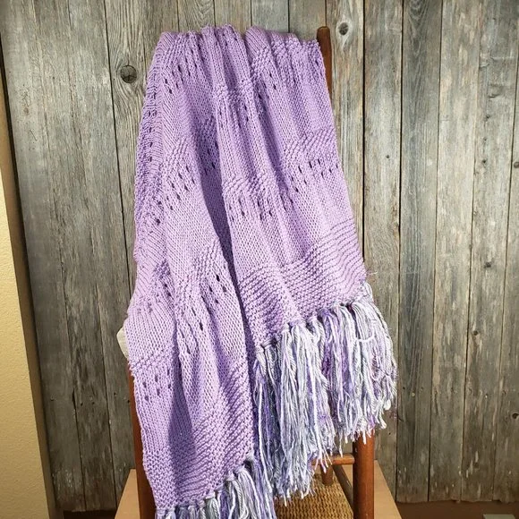 NEW Lavender Metallic Handmade Knitted Afghan Throw Hand Knit Gift Gifts Decor